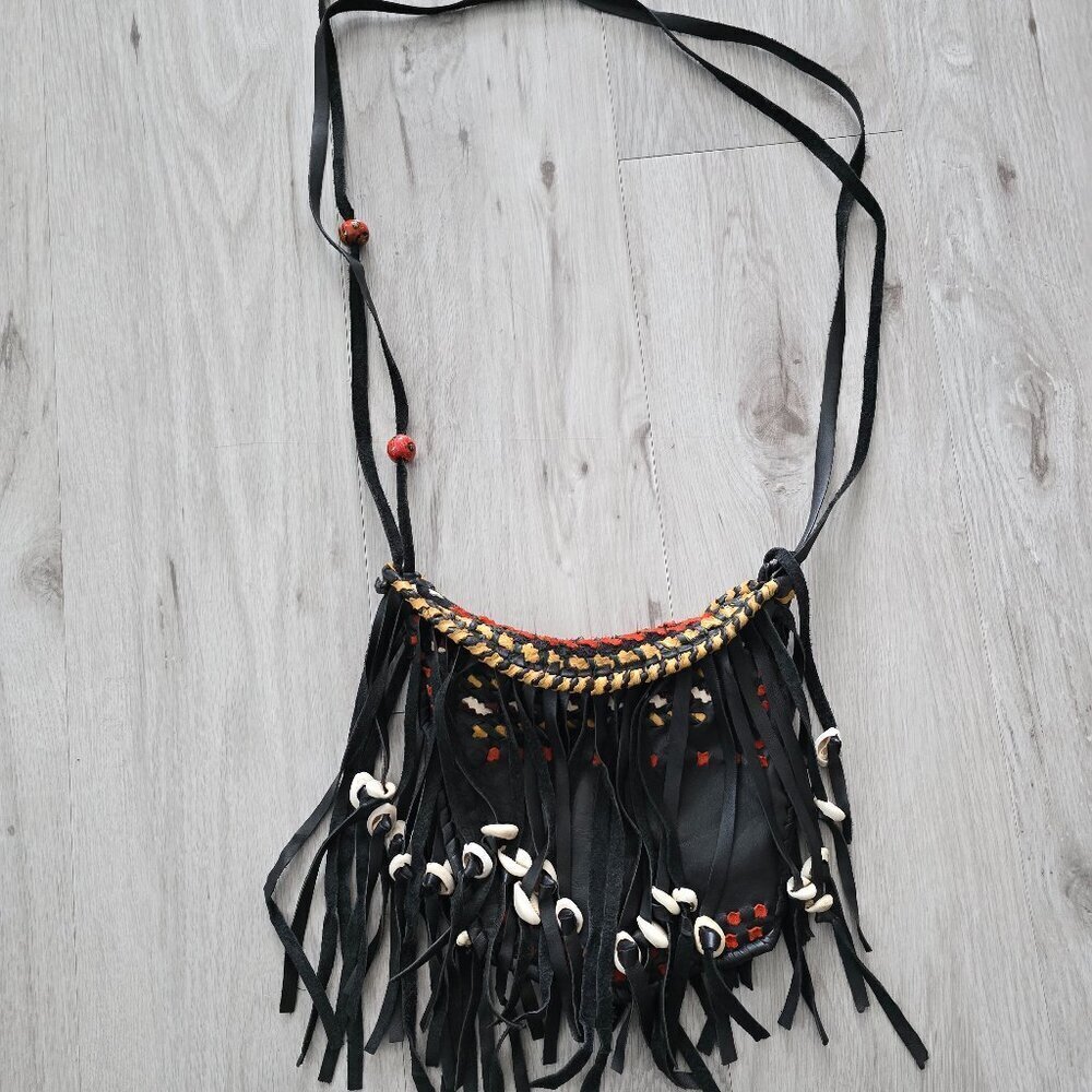 vintage | boho black leather maximalist beaded festival crossbody bag